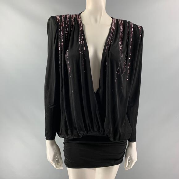 ATTICO Size 4 Black Viscose Beaded Deep Neck Dress - Picture 1 of 6